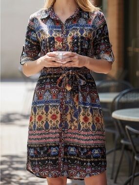 Speed Control Women’s Small Mixed Paisley Midi Dress in Black, Gold, Blue & Red